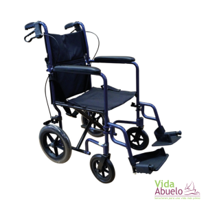 Silla de ruedas de traslado con frenos manuales azul