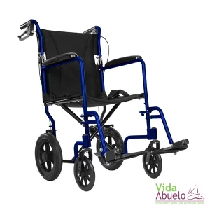 Silla de traslado de acero ligero con frenos manuales azul