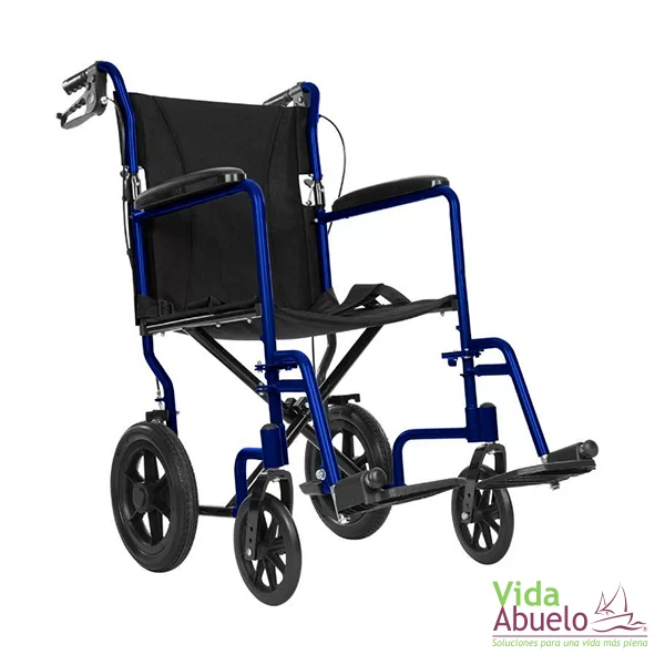 Silla de traslado de acero ligero con frenos manuales azul