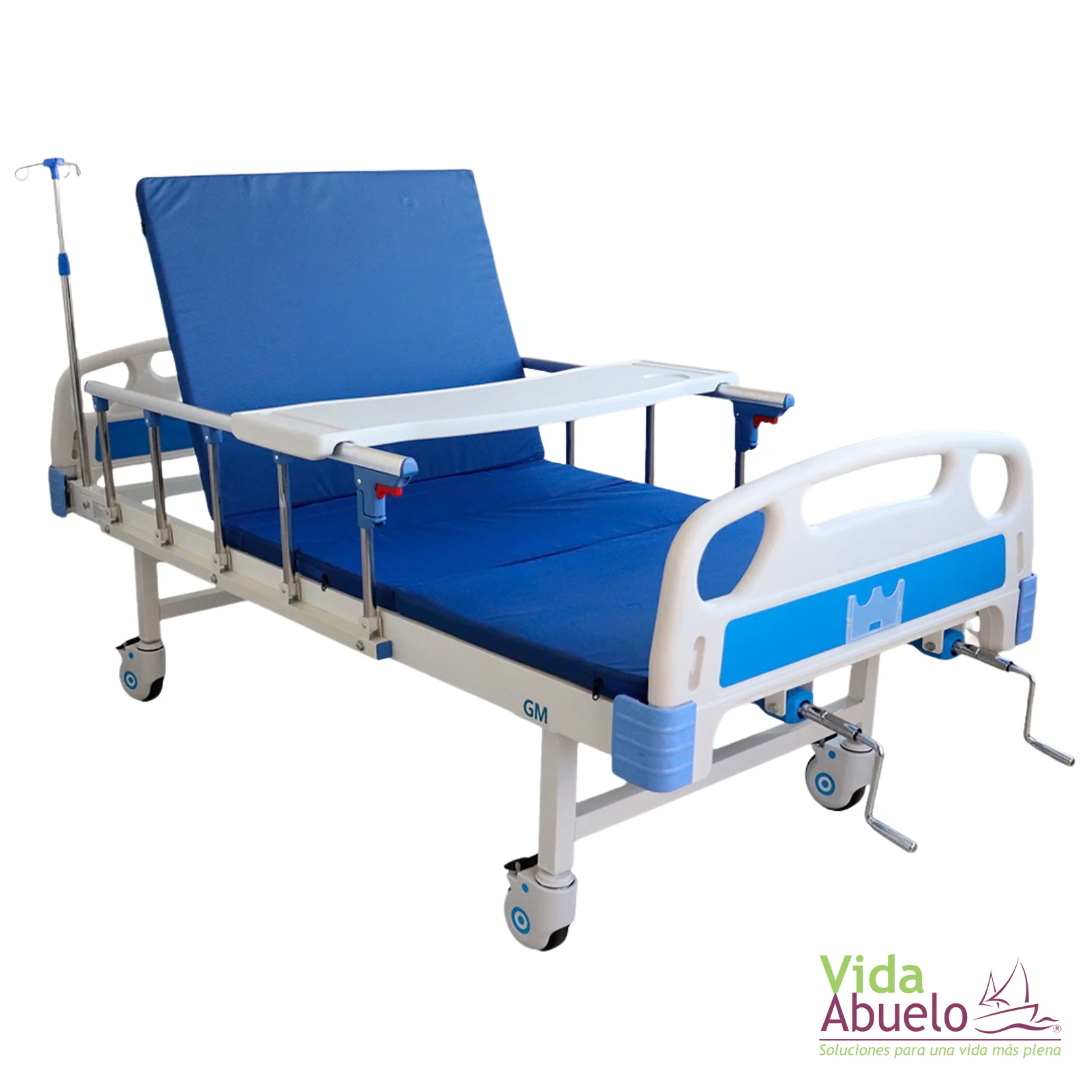 Cama de hospital manual de lujo con colchón, mesa para alimentos y porta suero