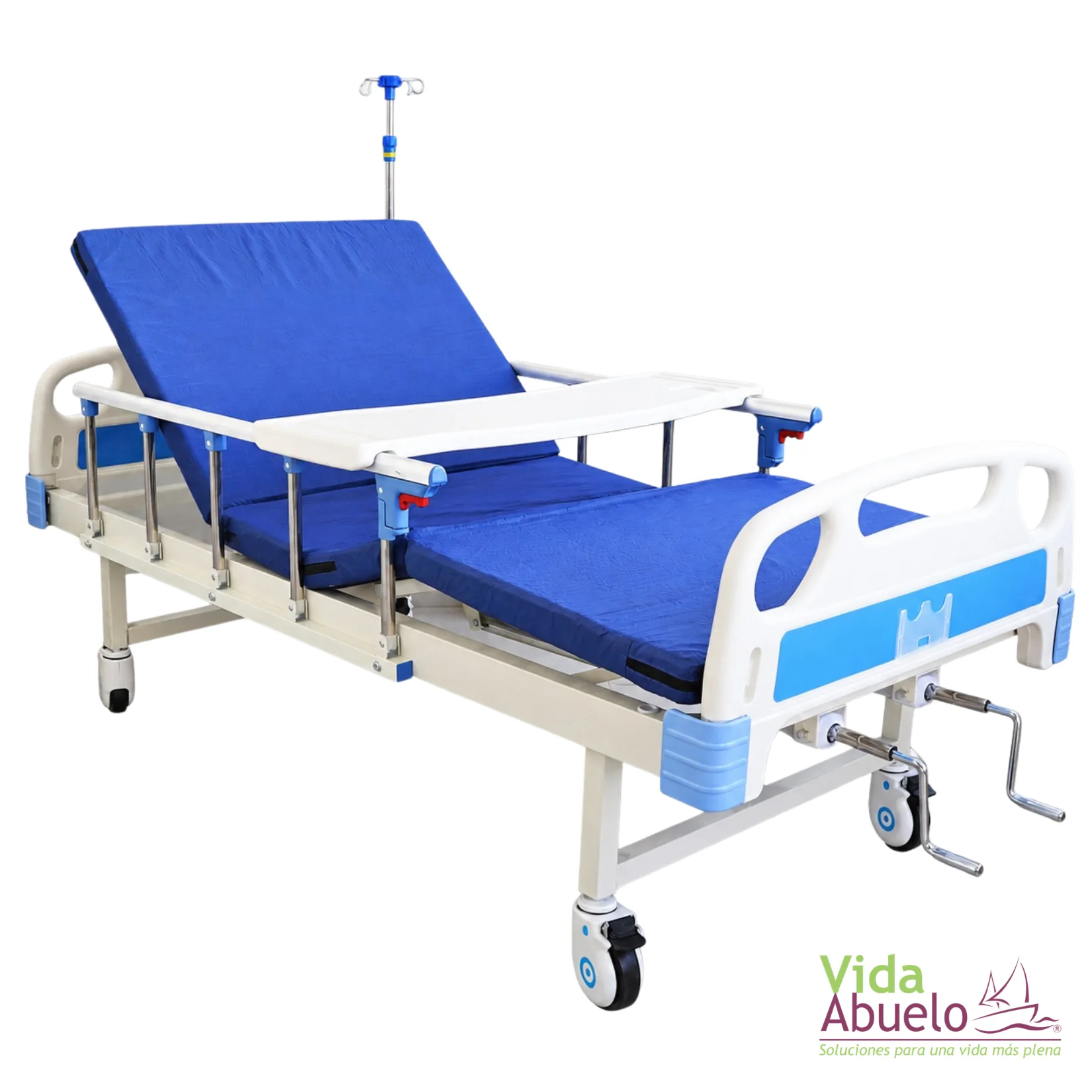 Cama de hospital manual de lujo con colchón, mesa para alimentos y porta suero - Imagen 3