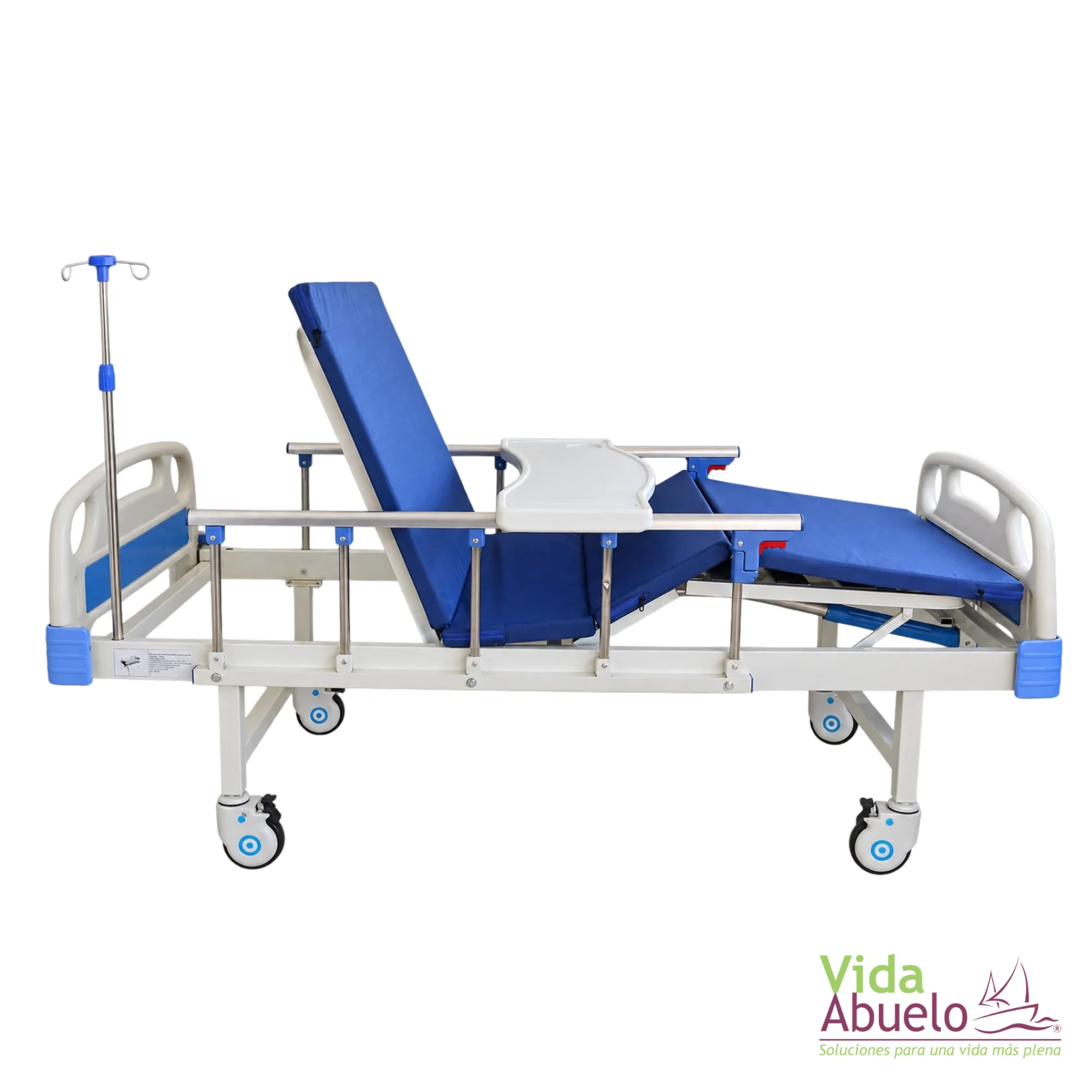 Cama de hospital manual de lujo con colchón, mesa para alimentos y porta suero - Imagen 2